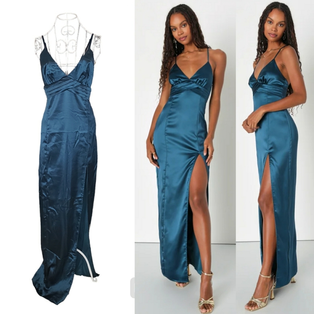 NWT Lulus Divine Entrance Teal Blue Satin Backless Maxi Dress Size XL